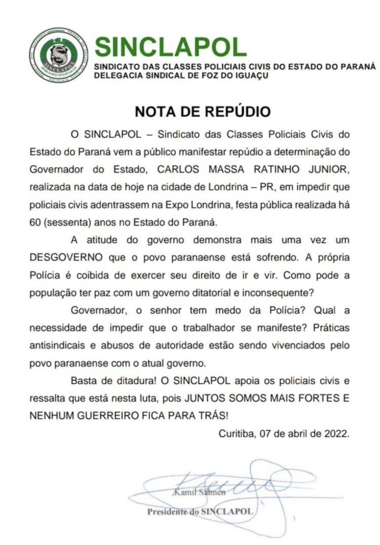 Para os policiais  o Governador Ratinho Jr. é ditador